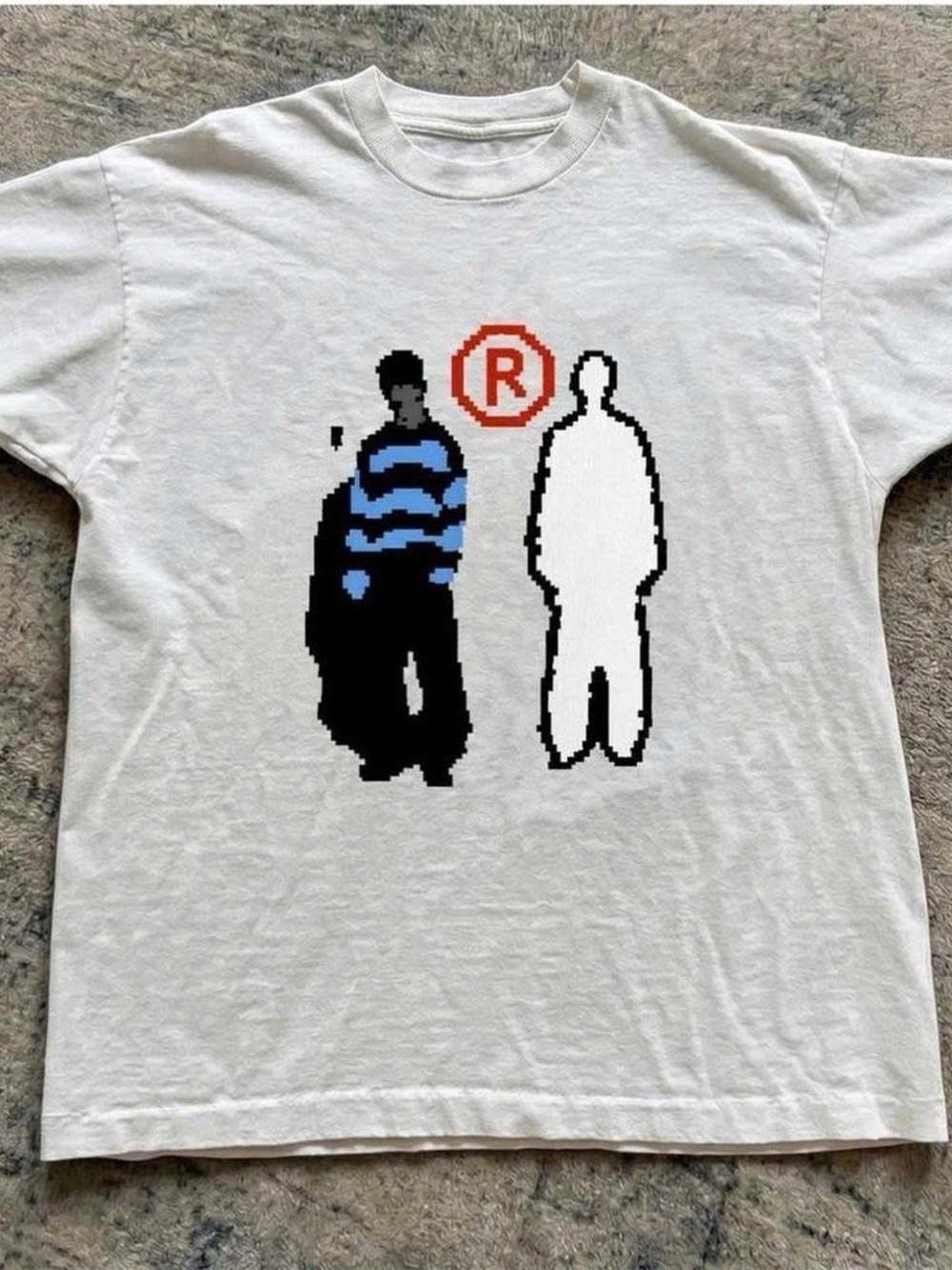 White Graphic Tee with Blue & Black Pixel Art